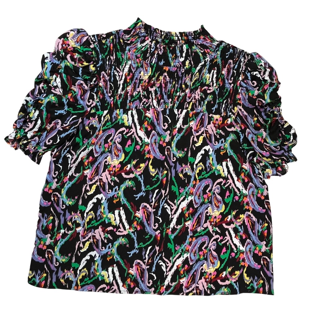 THML Blouse Womens Medium Black Multi Abstract Smocked High‎ Neck Ruffle Sleeve
